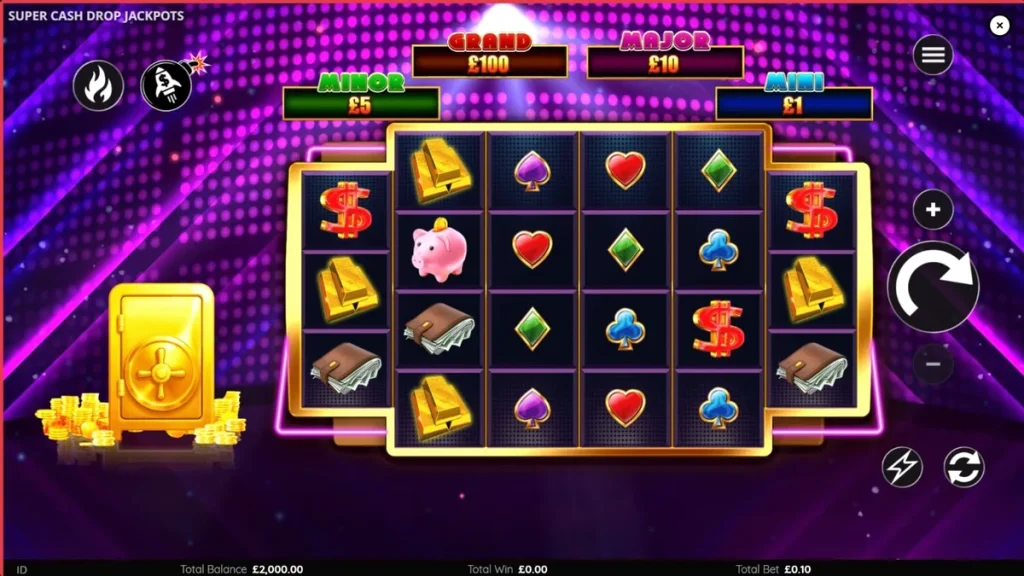 Tampilan visual neon dari slot Super Cash Drop Jackpots dengan simbol uang dan emas