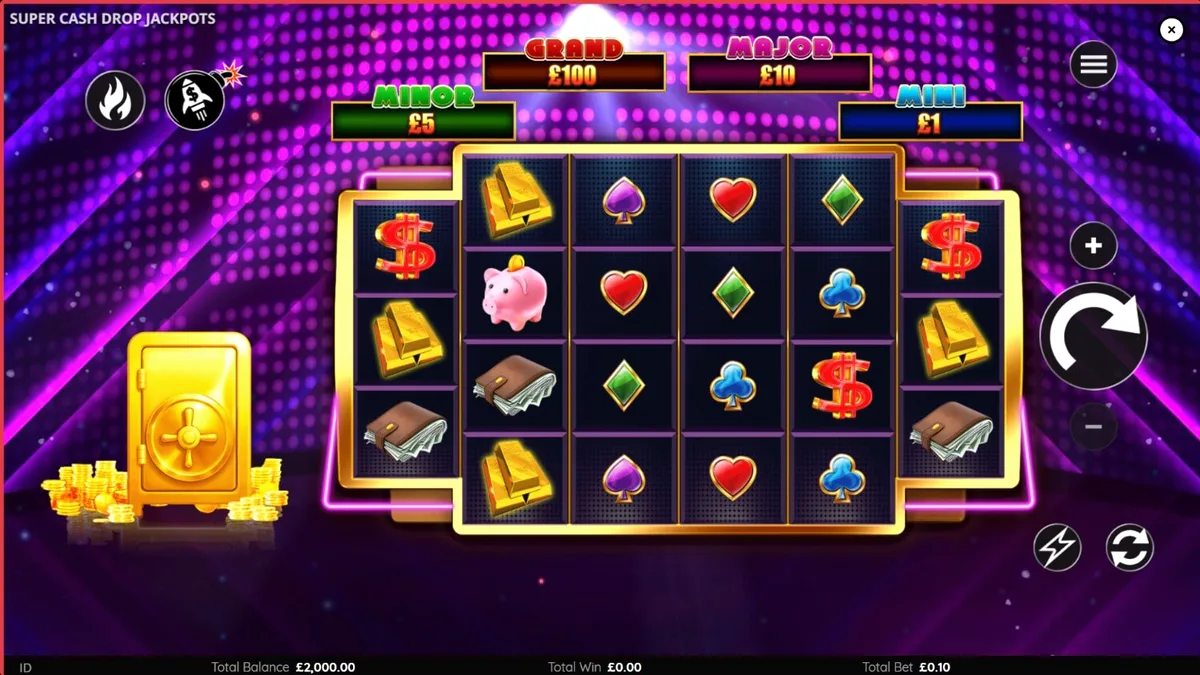 Tampilan visual neon dari slot Super Cash Drop Jackpots dengan simbol uang dan emas